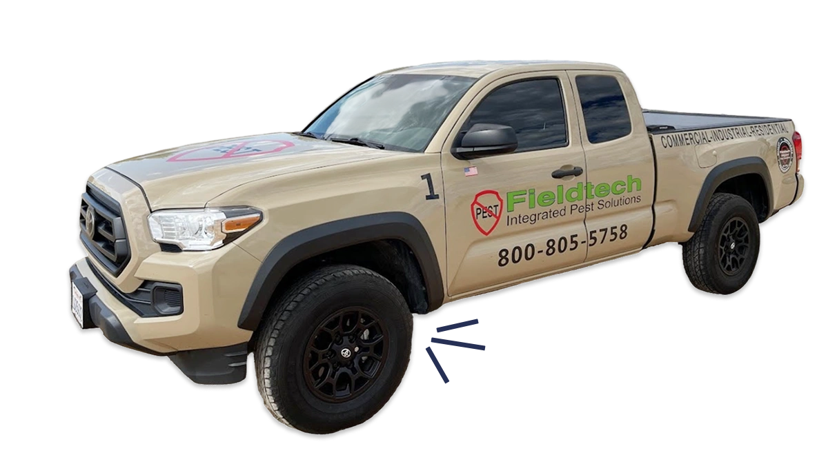 Fieldtech Integrated Pest Solutions branded service truck number 1 with phone number 800-805-5758 serving commercial industrial and residential pest control in Apple Valley CA