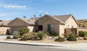 Pigeons roosting and flying over a residential rooftop in Apple Valley CA showing the need for professional pigeon removal services