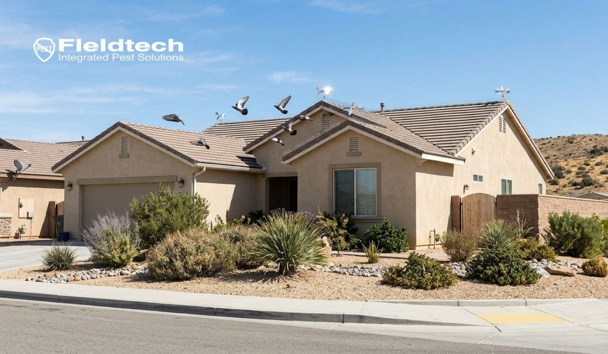 Pigeons roosting and flying over a residential rooftop in Apple Valley CA showing the need for professional pigeon removal services