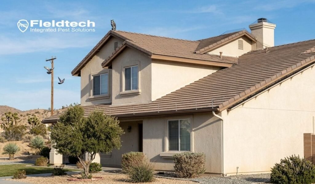 Birds nesting and perching on the roof and utility poles of a California home showing the need to stop birds from nesting on your house