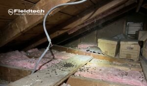 A rat crawling through an attic in Apple Valley CA with droppings scattered across the insulation showing signs of a rat infestation