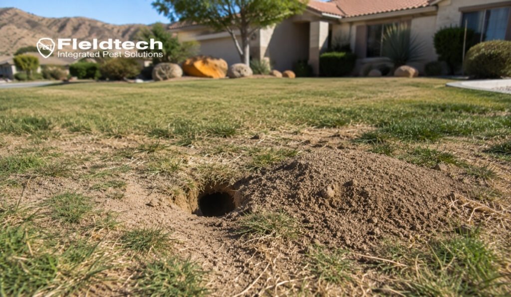 Residential lawn in Apple Valley showing gopher damage