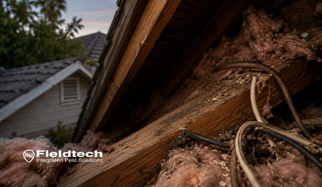 Wooden roof rafters where roof rats travel and nest