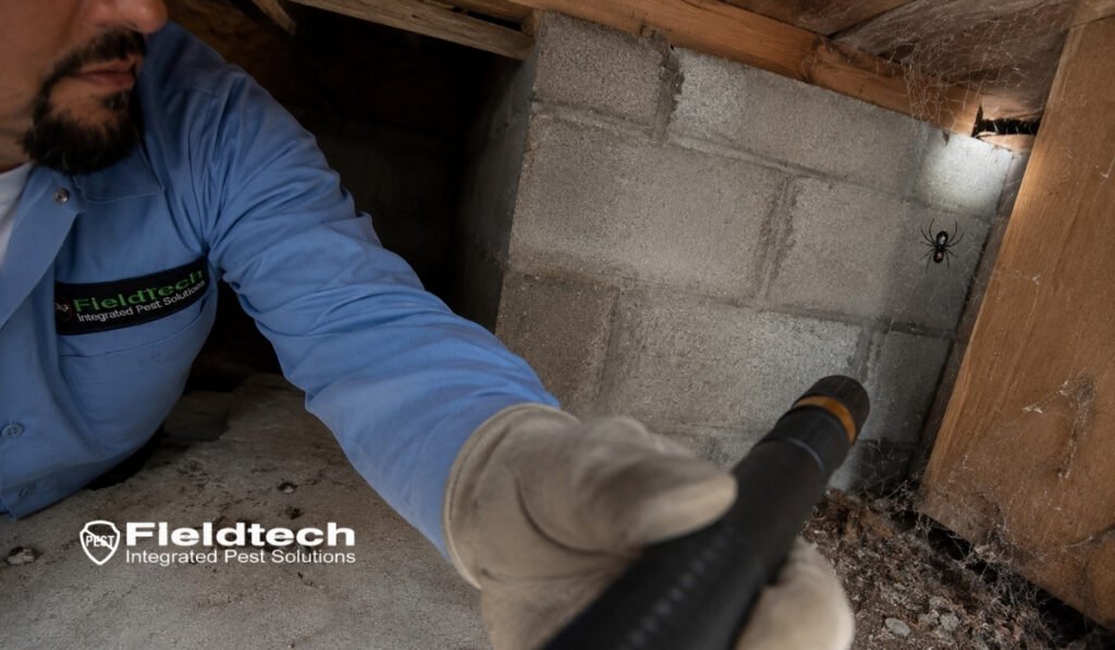 Black widow exterminator inspecting a black widow spider in a crawl space during professional spider control service in California